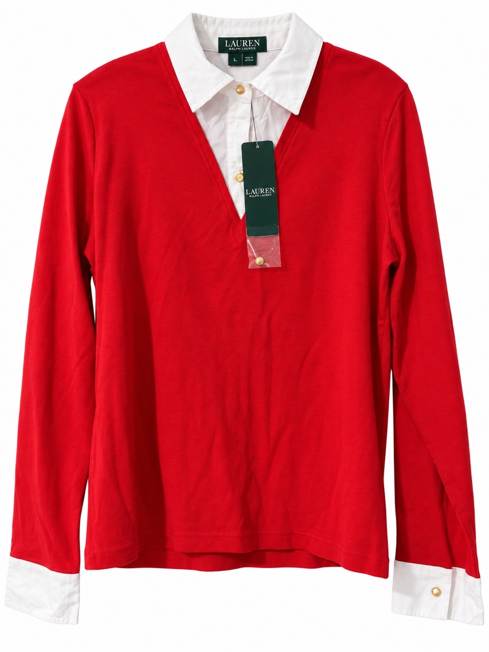 Lauren Ralph Lauren Red Long-Sleeve Polo with White Collar and Cuffs - Kids